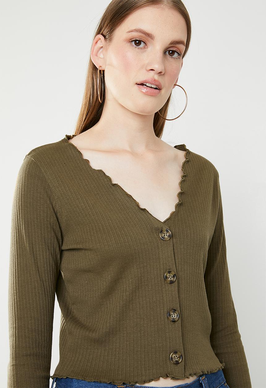 Missguided - Horn button lettuce long sleeve crop top - khaki