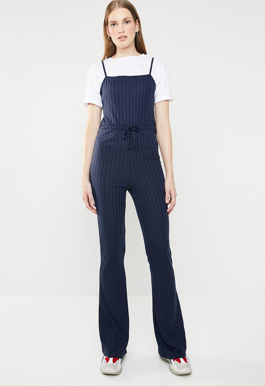 Missguided - Rib drawstring waist flare leg jumpsuit - navy