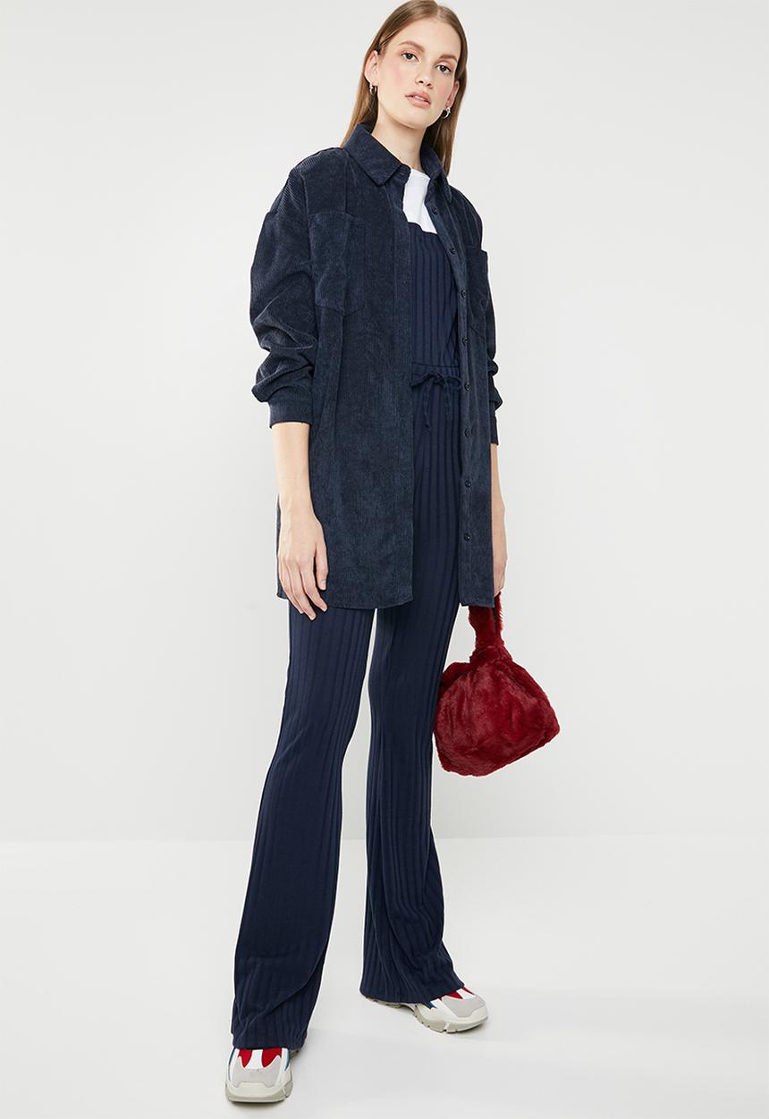 Missguided - Rib drawstring waist flare leg jumpsuit - navy