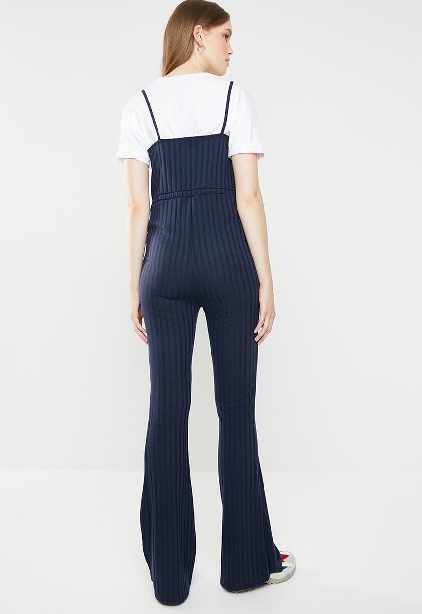 Missguided - Rib drawstring waist flare leg jumpsuit - navy