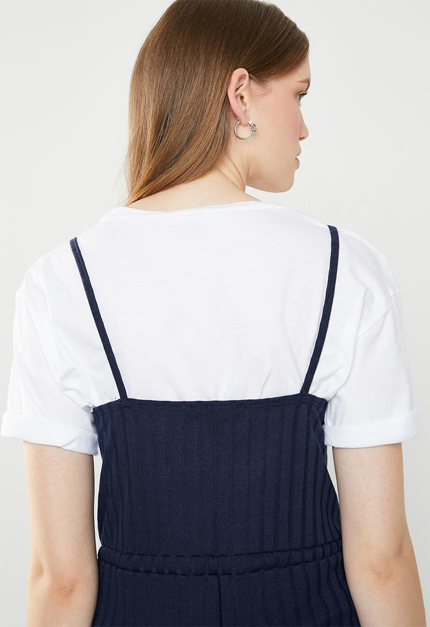 Missguided - Rib drawstring waist flare leg jumpsuit - navy