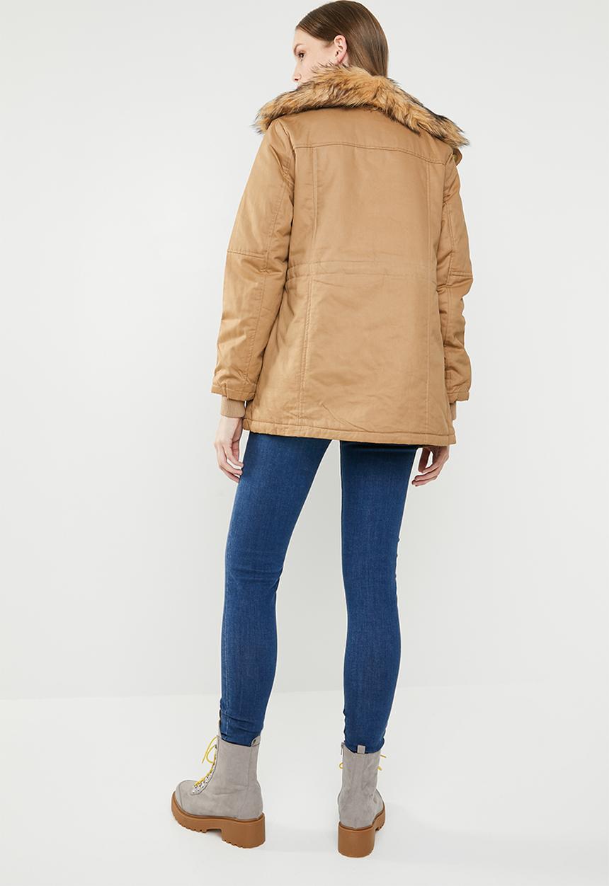 Revenge - Drawstring jacket with faux fur collar - brown