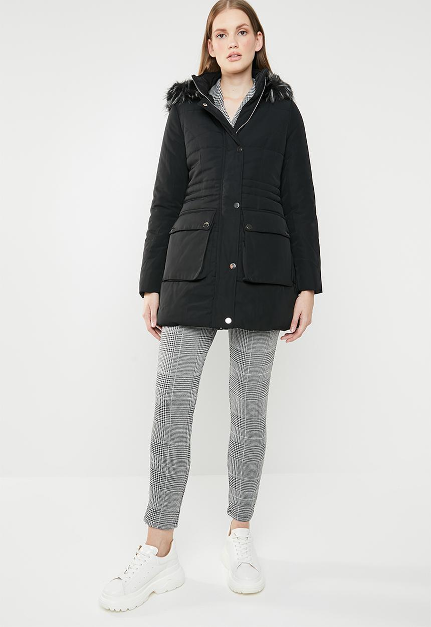 Revenge - Puffer coat with faux fur hood - black