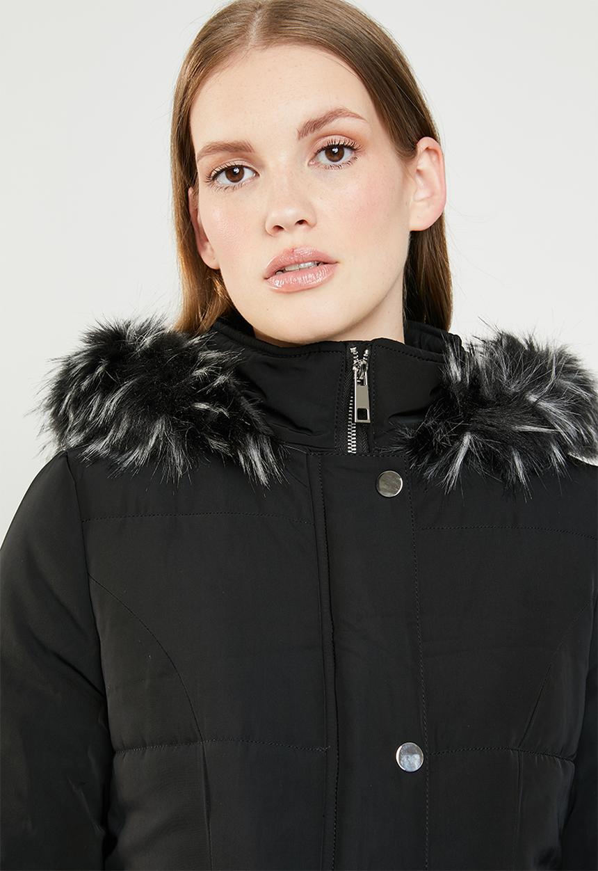 Revenge - Puffer coat with faux fur hood - black
