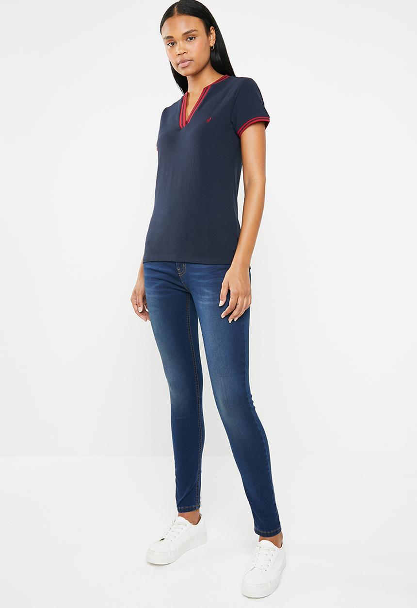 POLO - Simone short sleeve V-neck golfer - navy & red