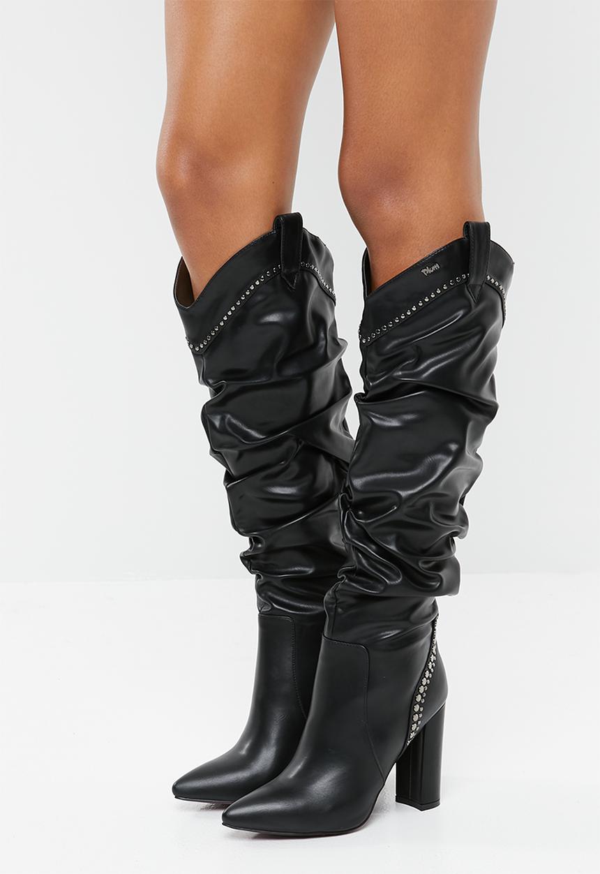 Plum - Studded ruched boot - black