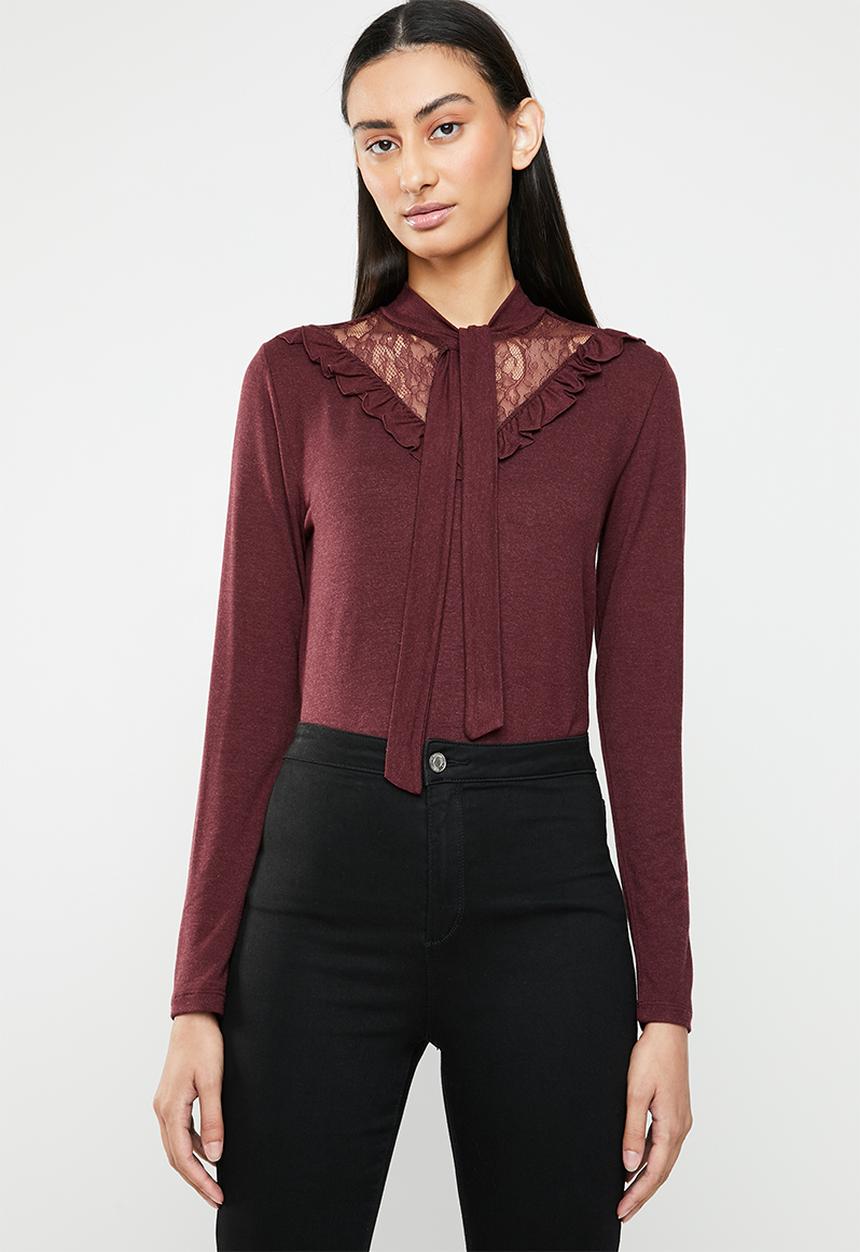 ONLY - Mojo long sleeve ruffle tie blouse - burgundy