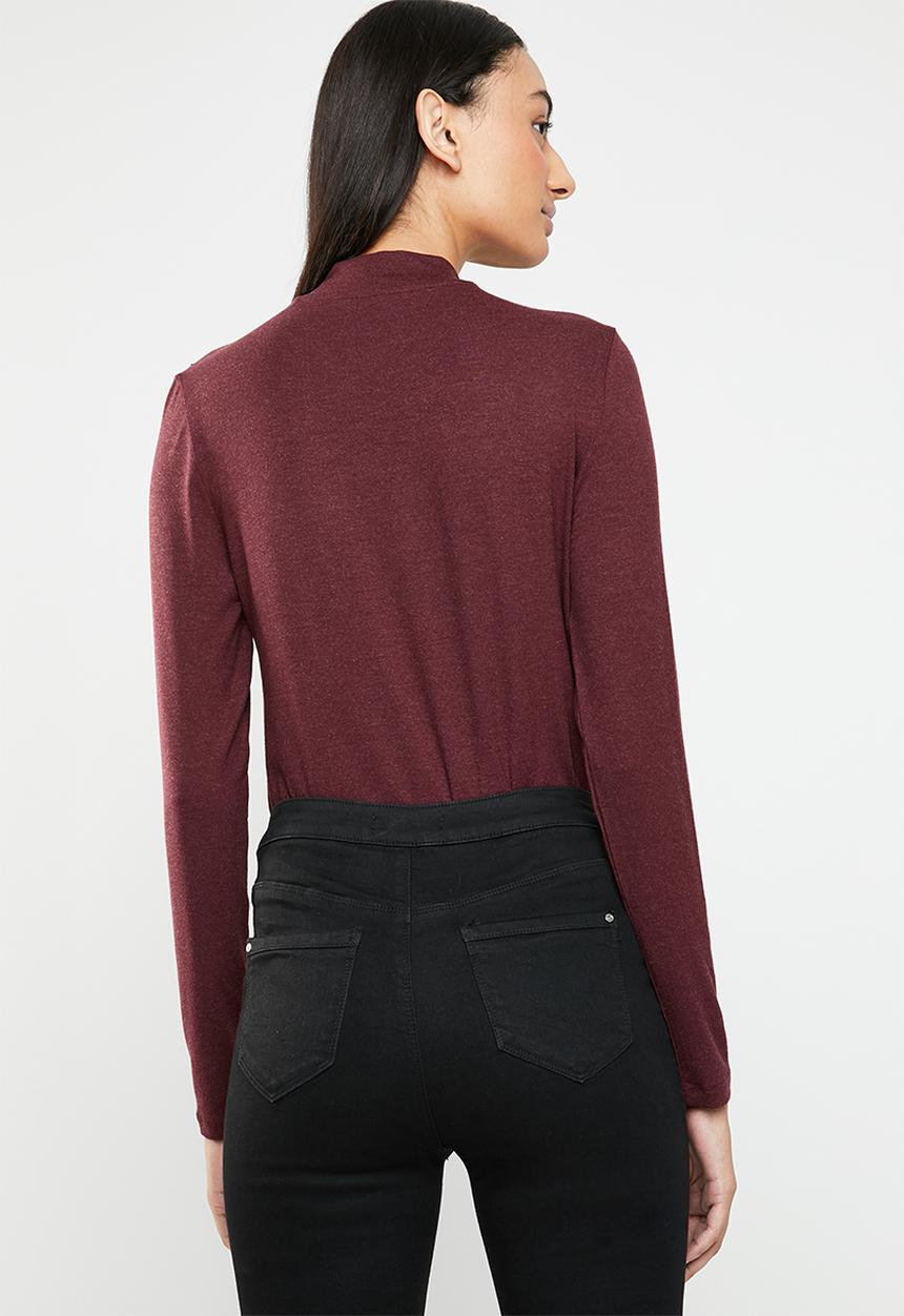 ONLY - Mojo long sleeve ruffle tie blouse - burgundy