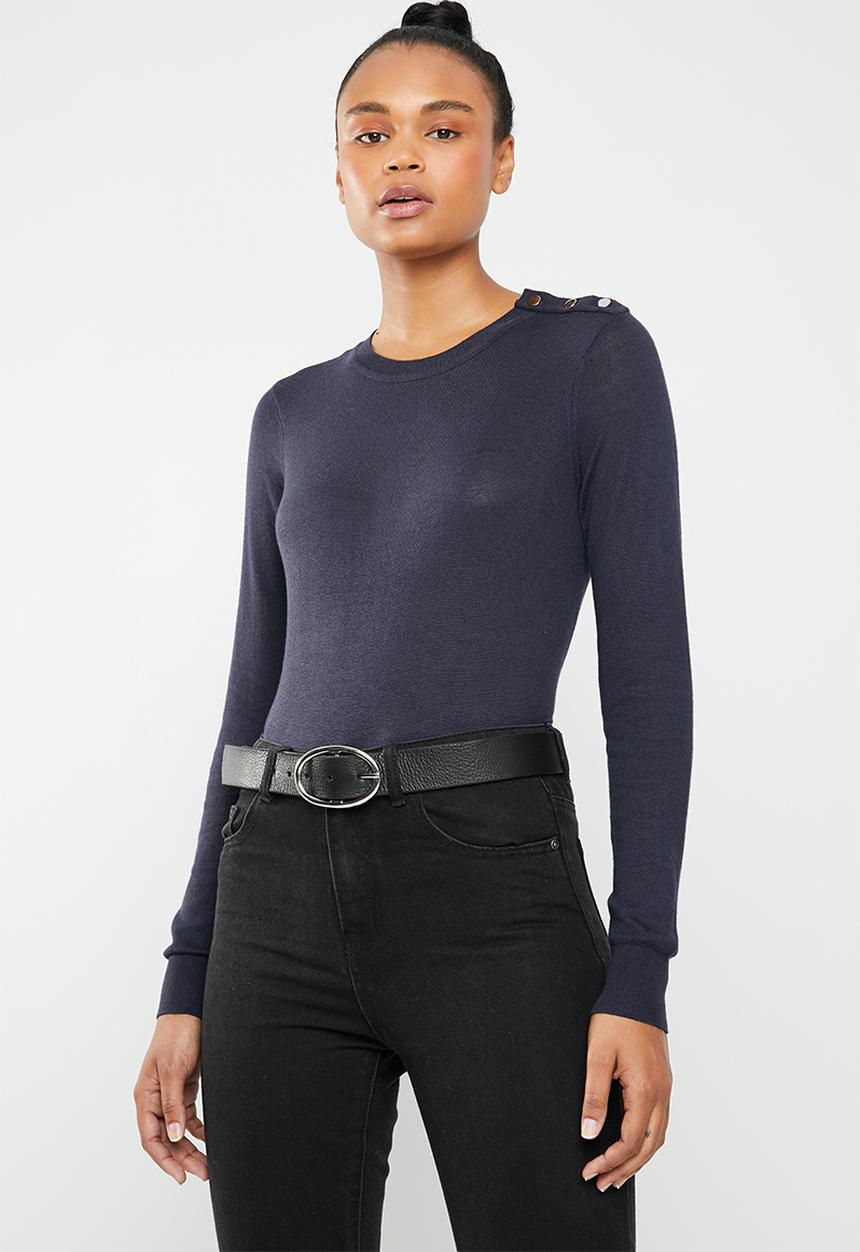 Vero Moda - Milda long sleeve round neck button knit - navy