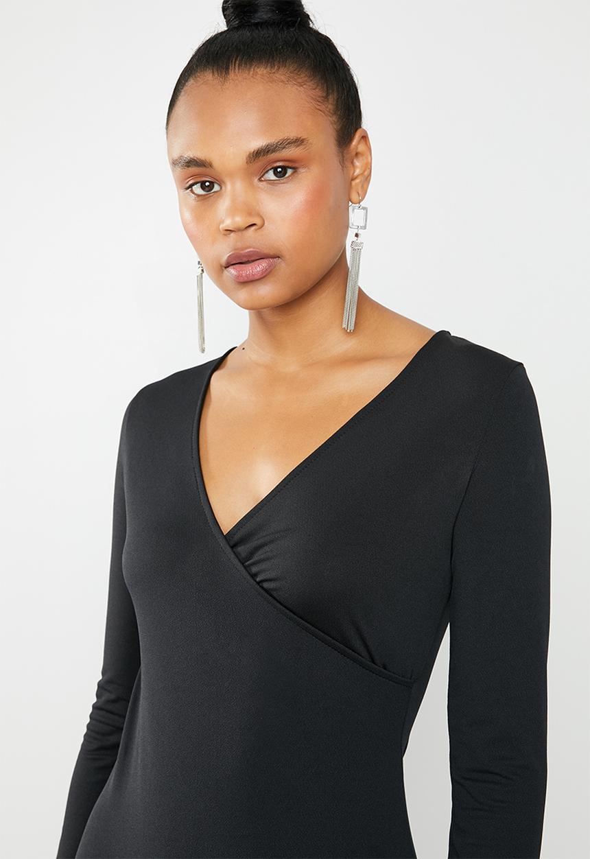 Missguided - Wrap front side button frill dress - black