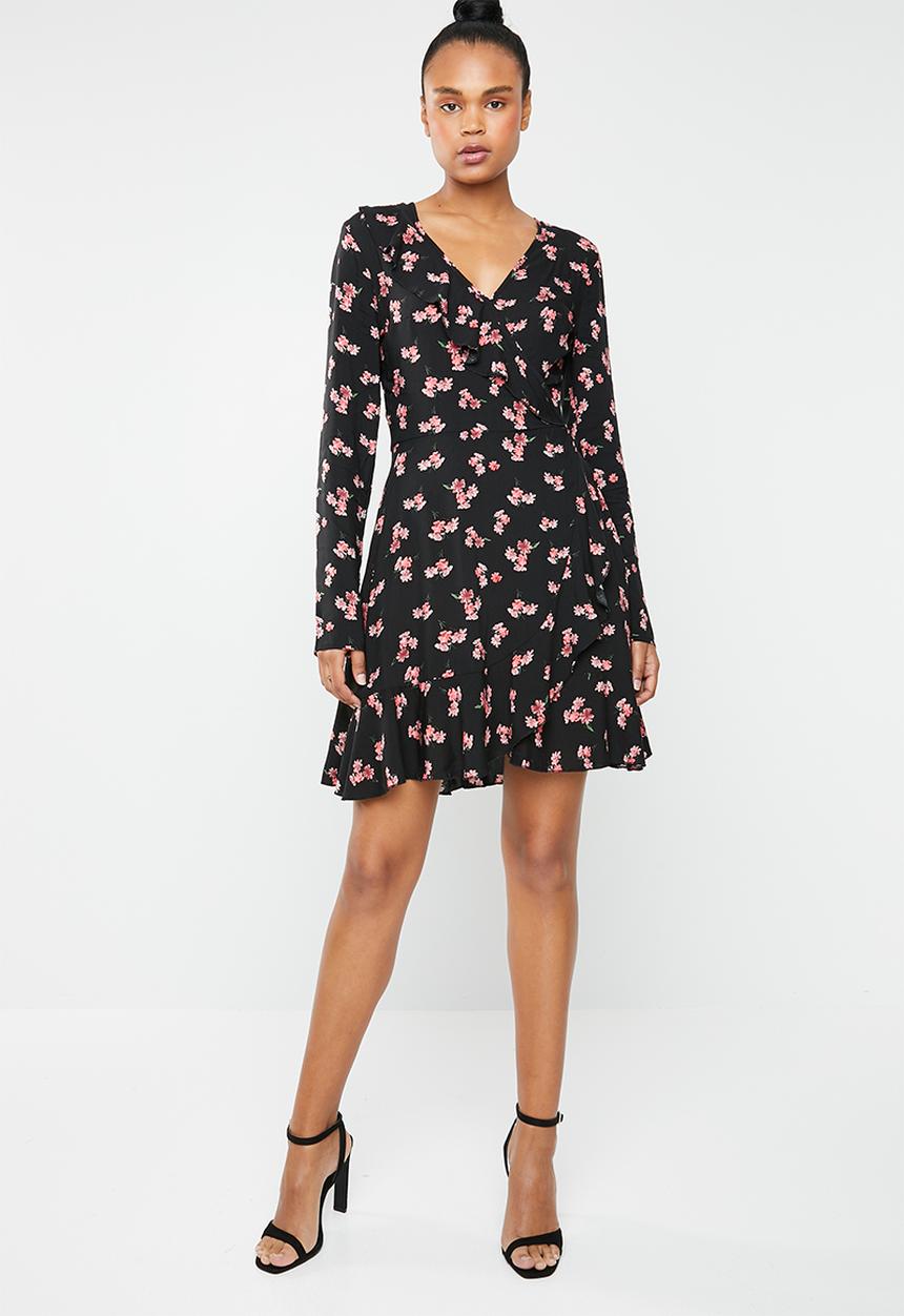 Missguided - Floral frill wrap front dress - black