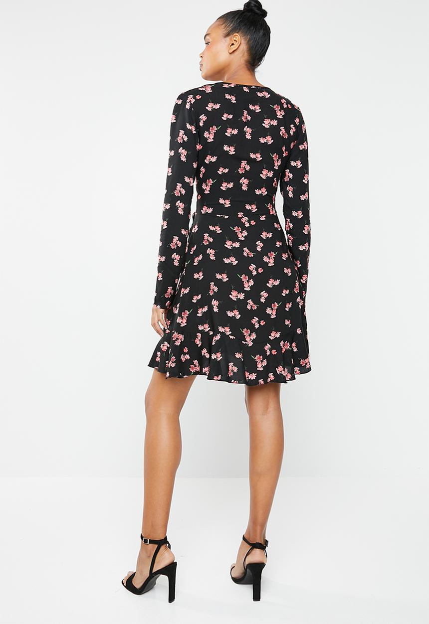Missguided - Floral frill wrap front dress - black