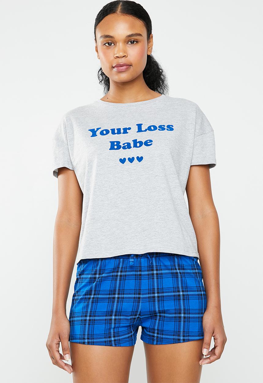 New Look - Your loss babe check pyjama set - grey & blue
