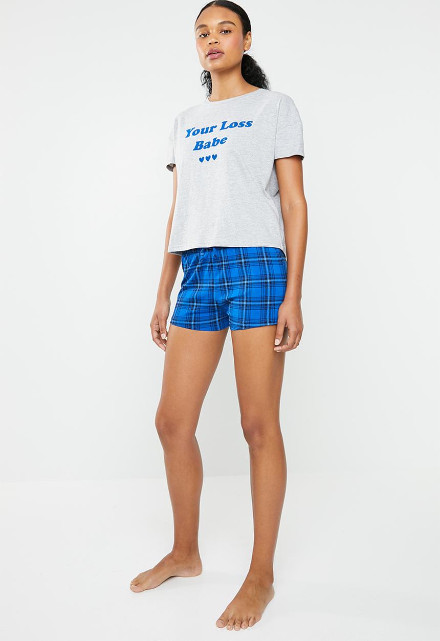 New Look - Your loss babe check pyjama set - grey & blue