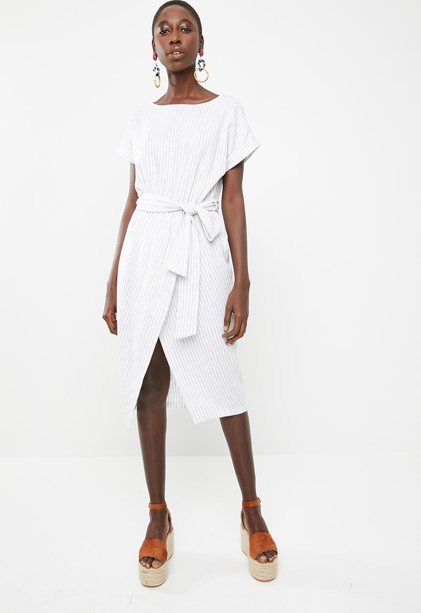 Superbalist - Stripe wrap dress with self fabric tie belt - white
