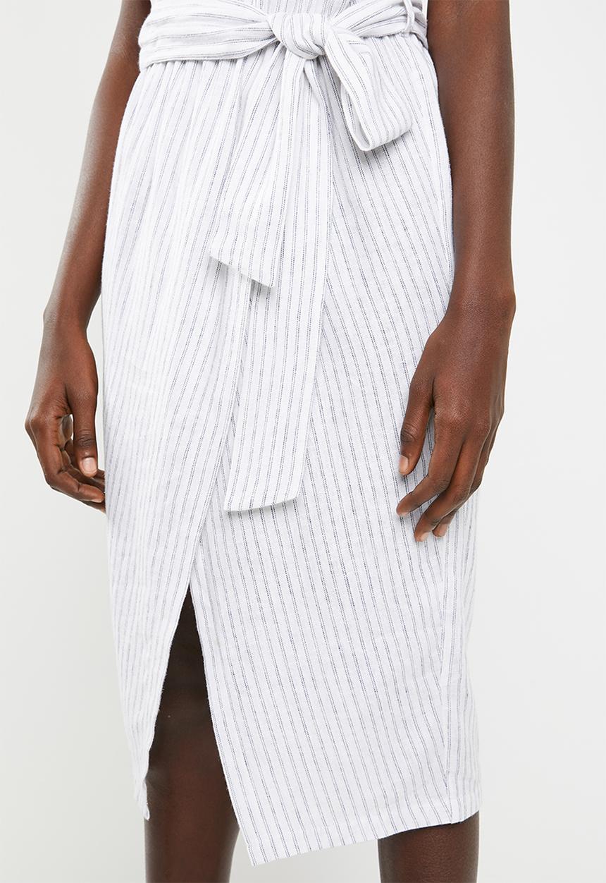 Superbalist - Stripe wrap dress with self fabric tie belt - white