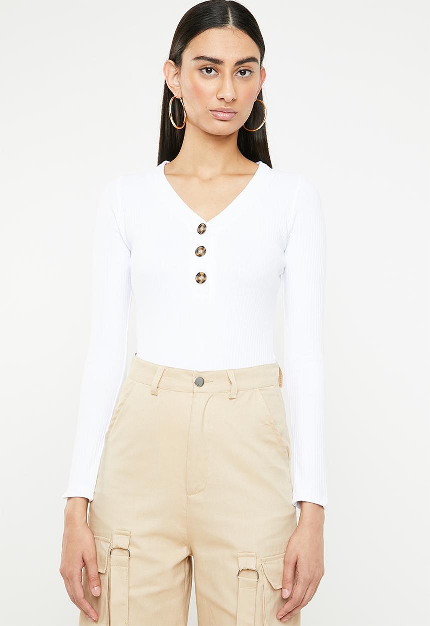 Missguided - Horn button rib plunge ls bodysuit - white