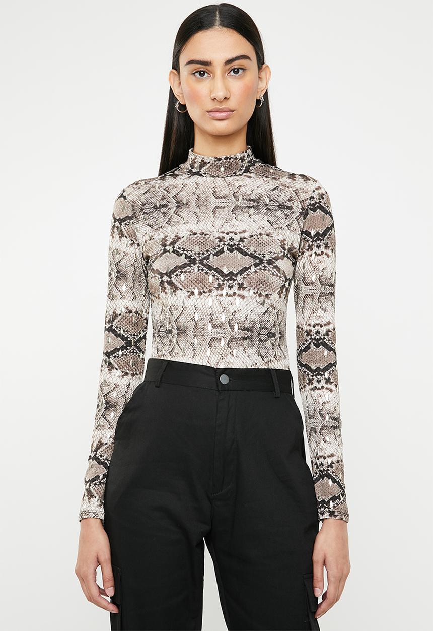 SISSY BOY - Slither turtle neck snake bodysuit -brown & beige