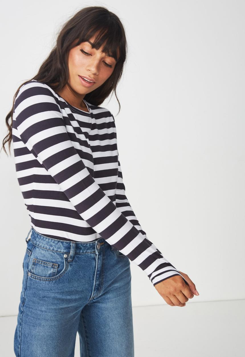 Cotton On - Everyday long sleeve top - white & navy 
