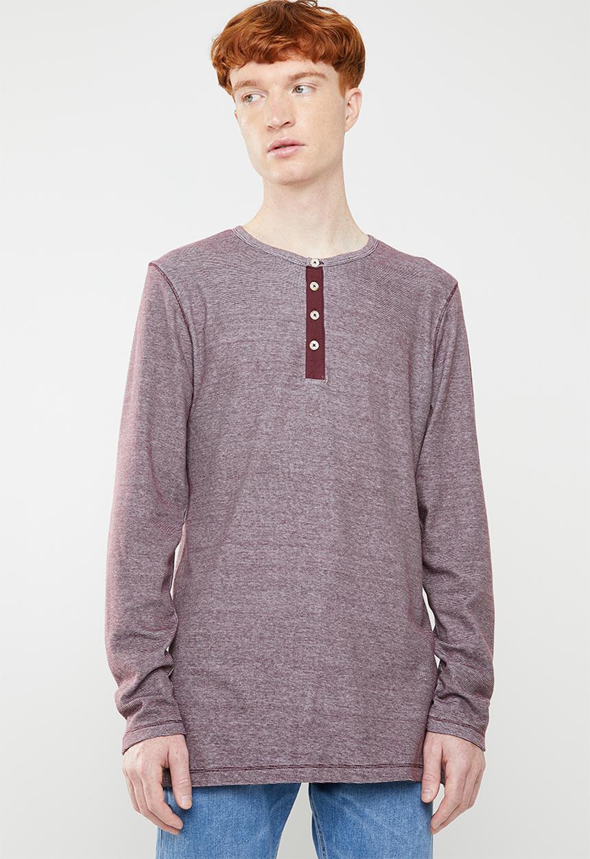 Jack & Jones - Giovanni long sleeve granddad tee - burgundy