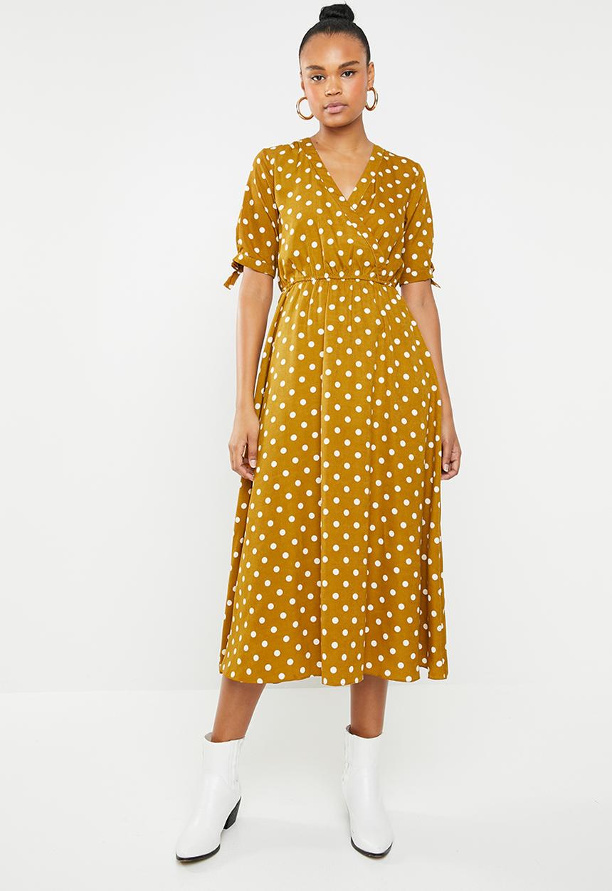 Revenge - Tie sleeve polka dot midi dress - mustard