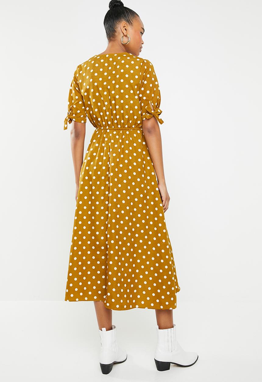Revenge - Tie sleeve polka dot midi dress - mustard
