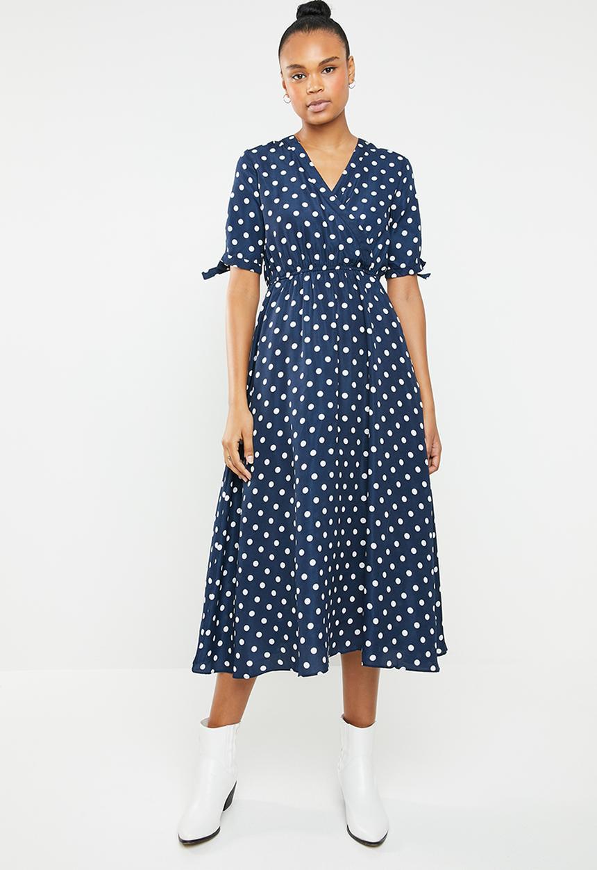 Revenge - Tie sleeve polka dot midi dress - navy & white