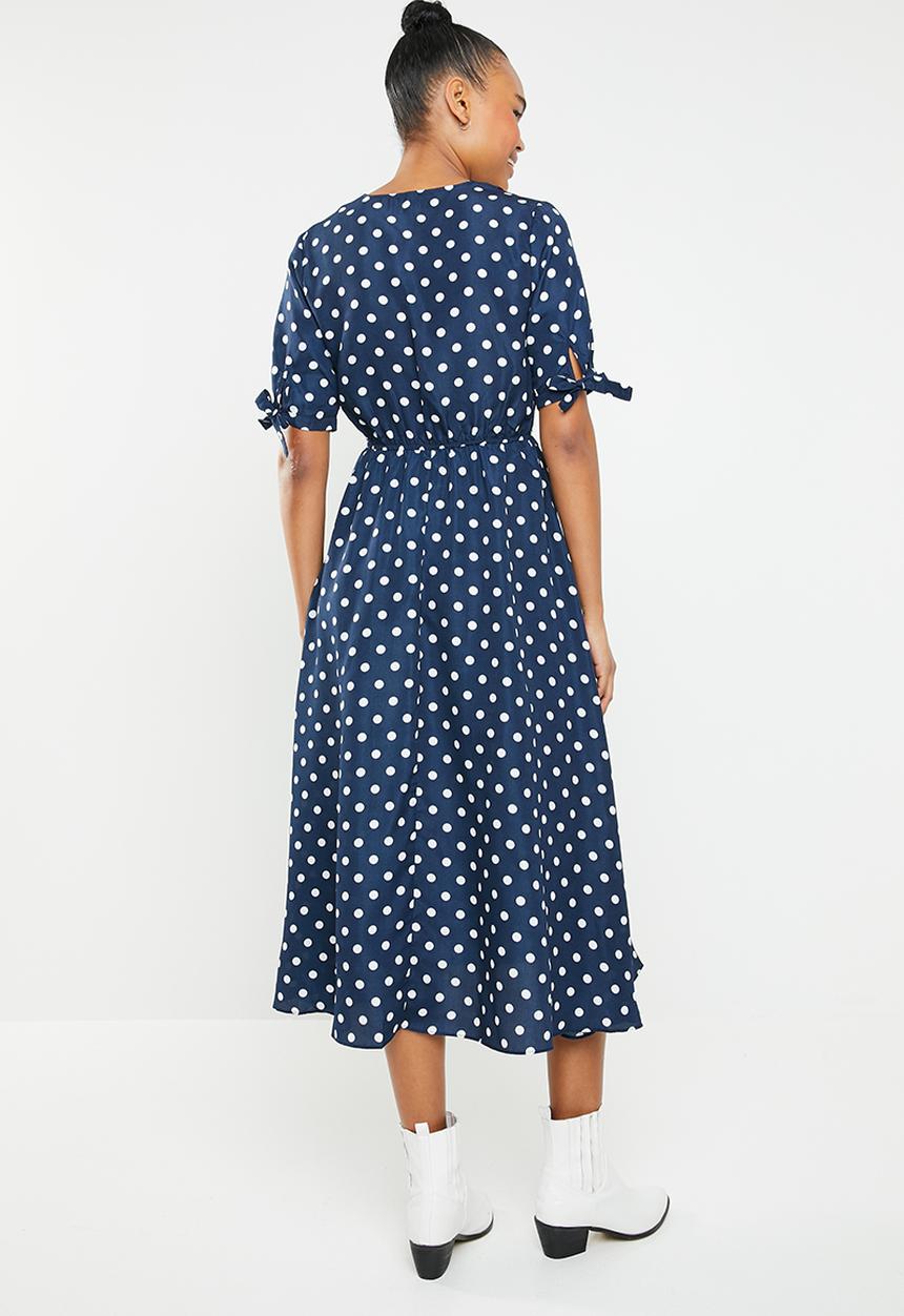Revenge - Tie sleeve polka dot midi dress - navy & white