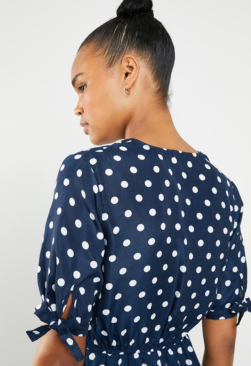 Revenge - Tie sleeve polka dot midi dress - navy & white