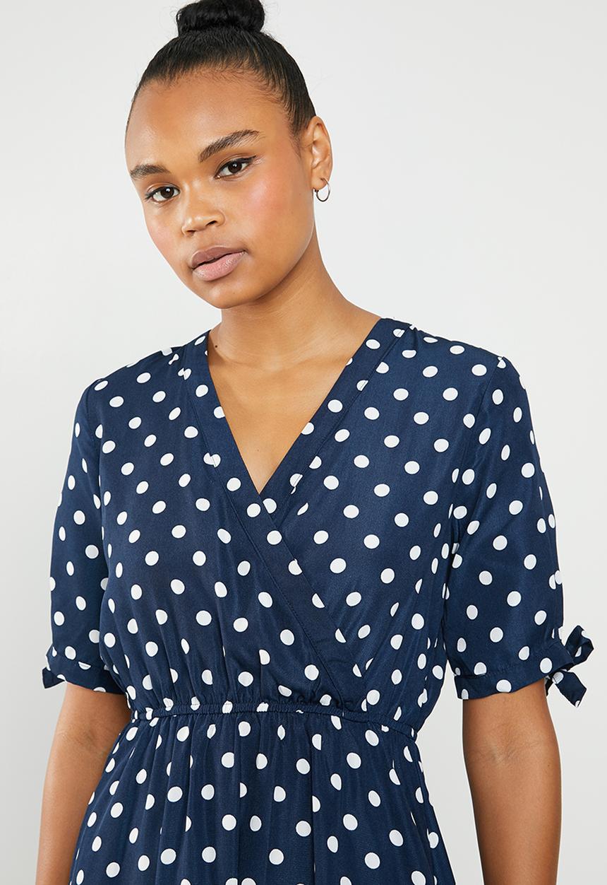 Revenge - Tie sleeve polka dot midi dress - navy & white