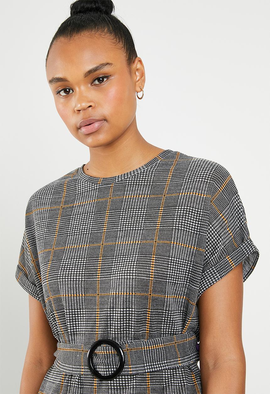 New Look - Check print belted top - grey & orange