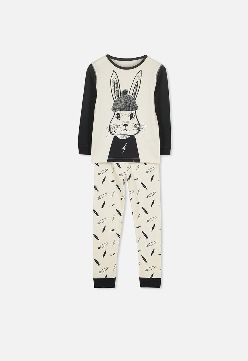 Cotton On - Harry boys long sleeve street bunny 2 pyjama set - cream & black