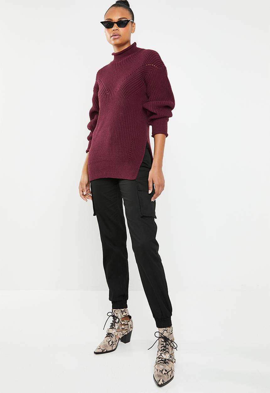 Superbalist - Funnel neck knit with side slits - burgundy