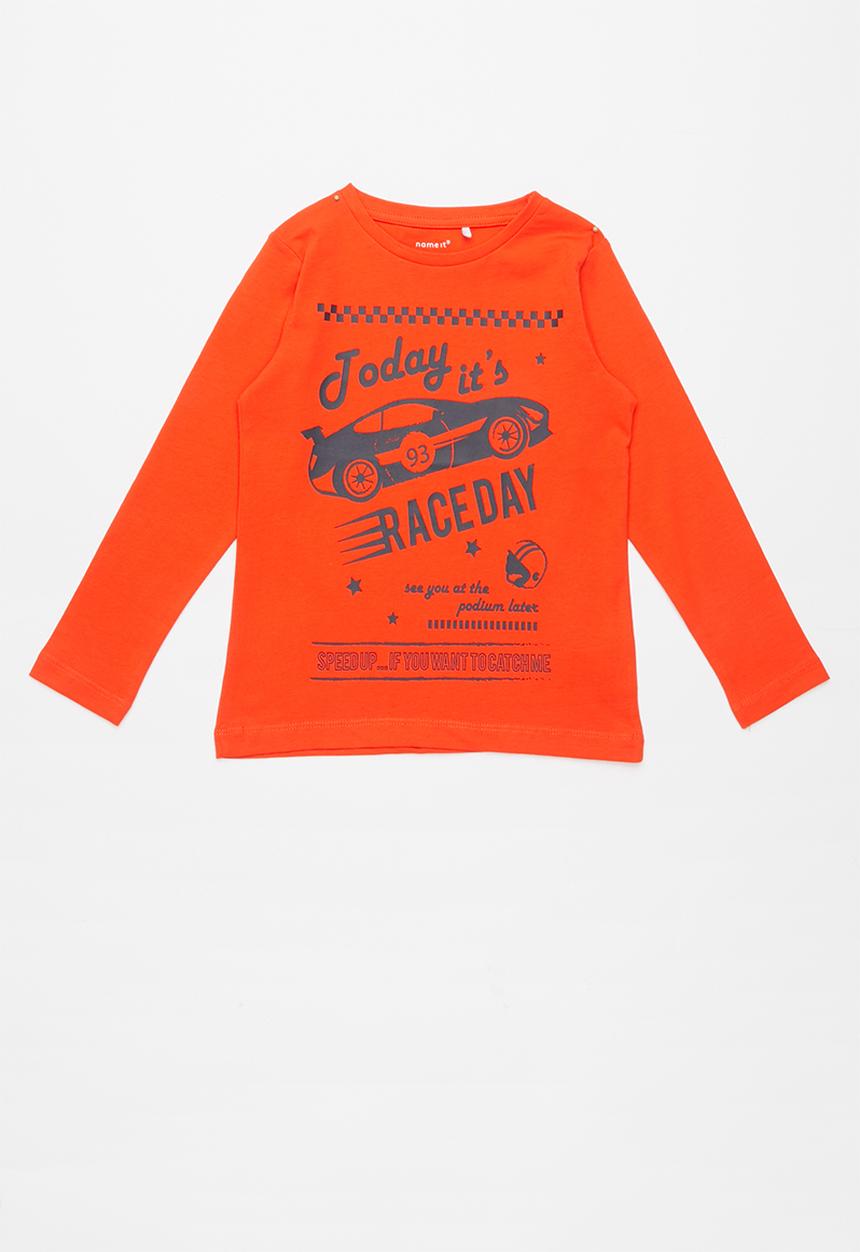 Name It - Race day print ls top - orange & navy 