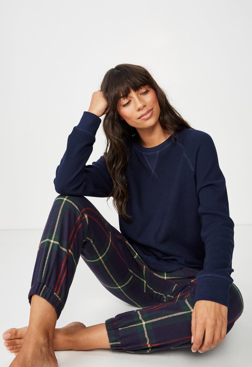 Cotton On - Waffle crew long sleeve top  - navy 