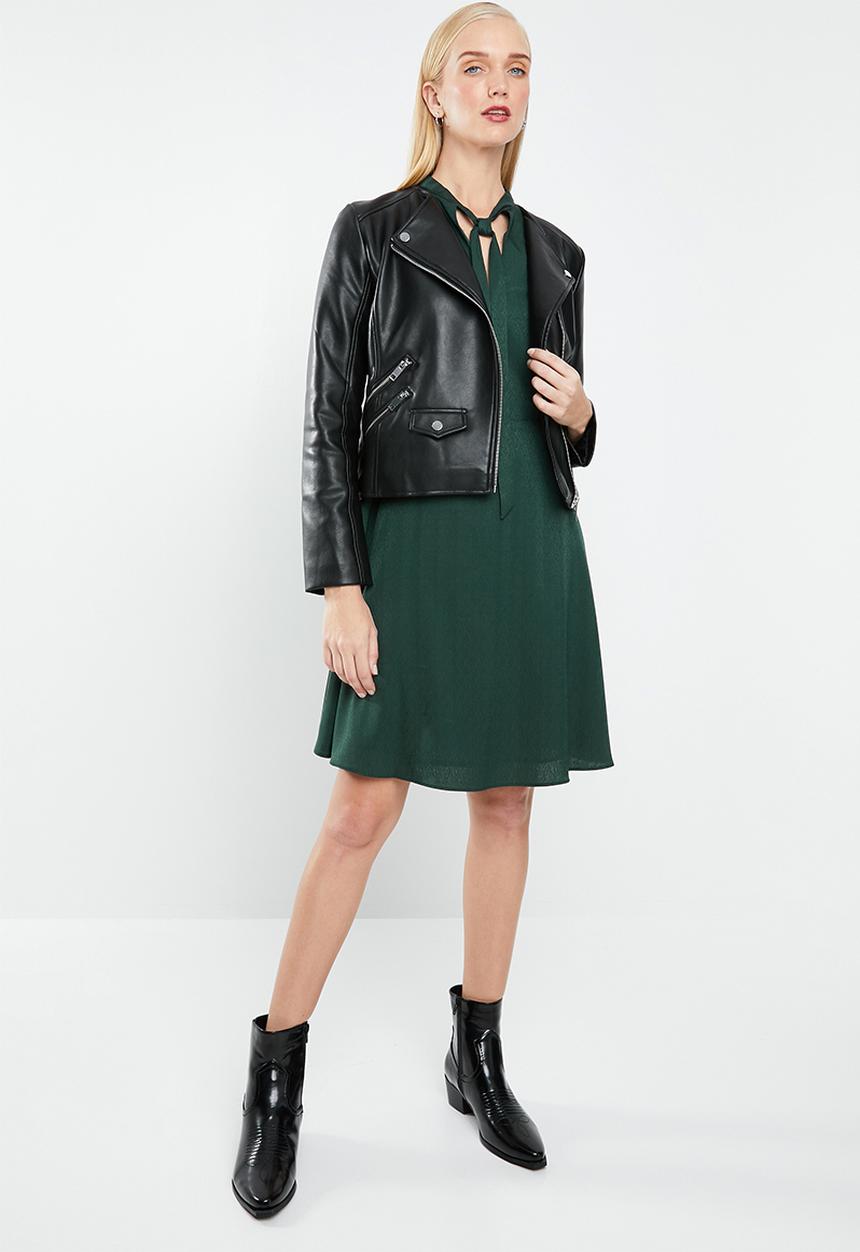 MANGO - Satin finish neck tie dress- green