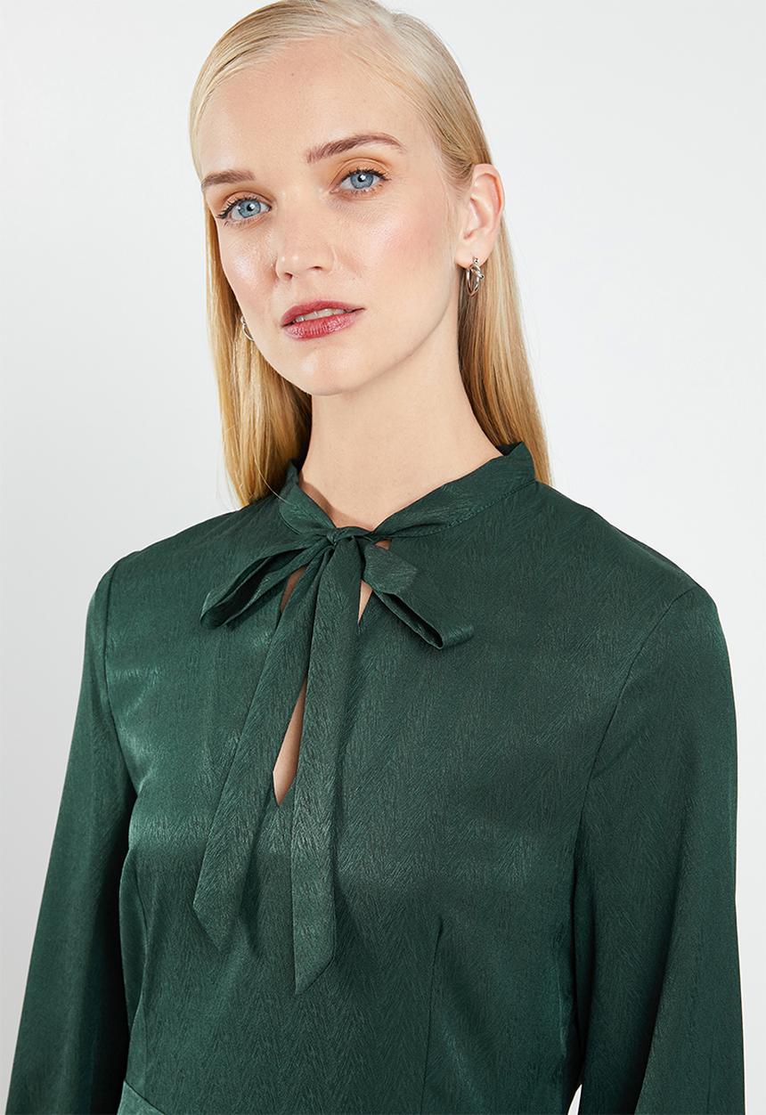 MANGO - Satin finish neck tie dress- green