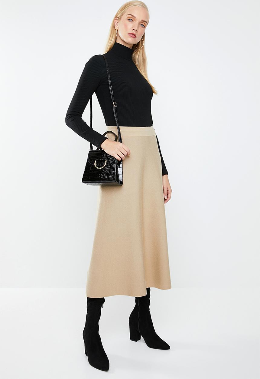MANGO - Knitted flared midi skirt - beige