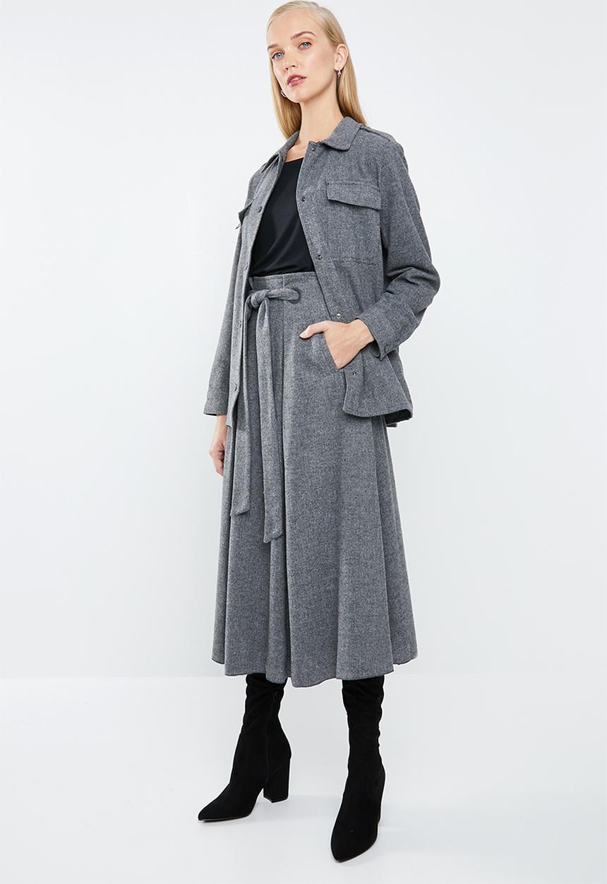MANGO - Flared midi skirt with self belt - grey