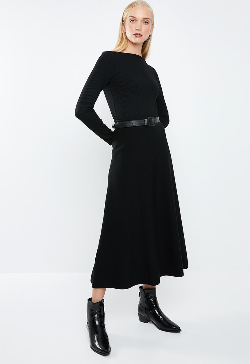 MANGO - Knitted flared midi skirt - black