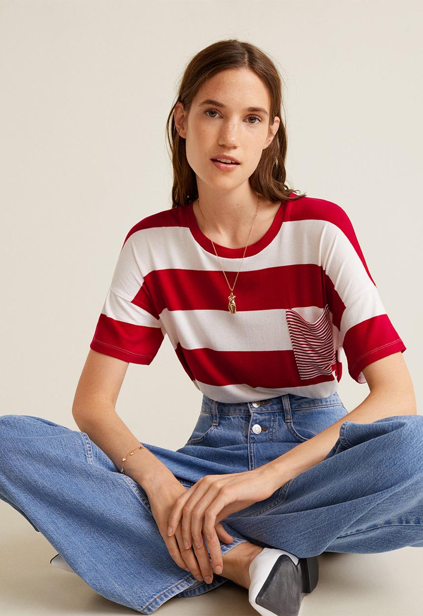 MANGO - Chest-pocket striped T-shirt - red & white 