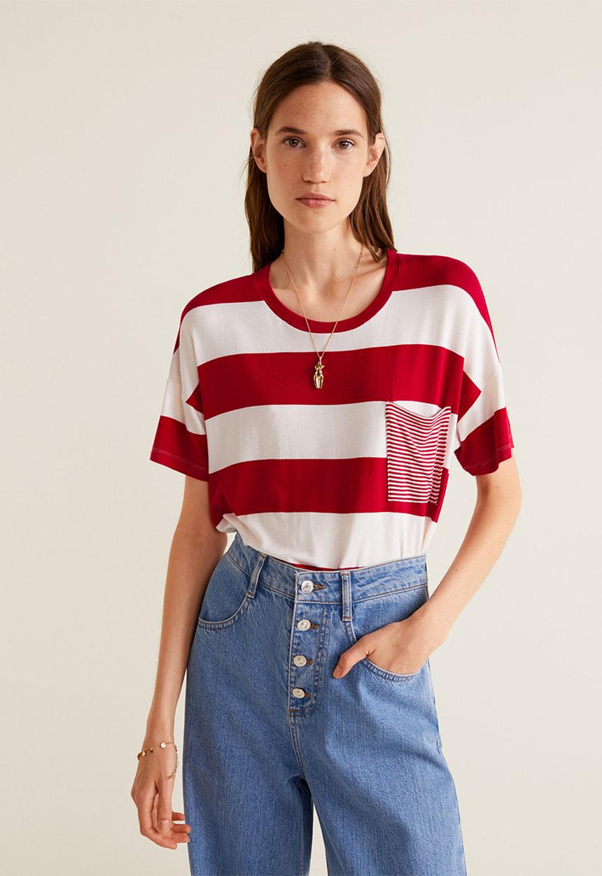MANGO - Chest-pocket striped T-shirt - red & white 