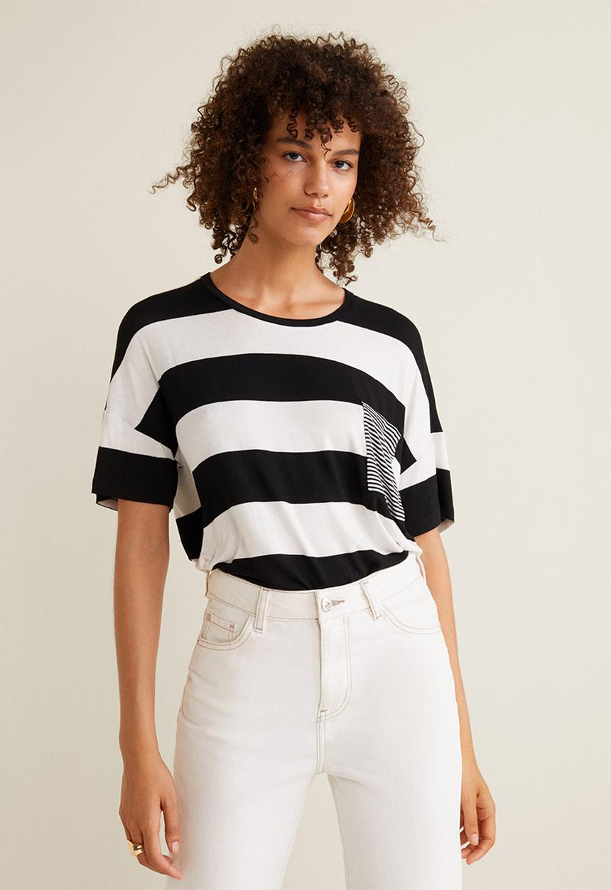 MANGO - Chest-pocket striped T-shirt - black