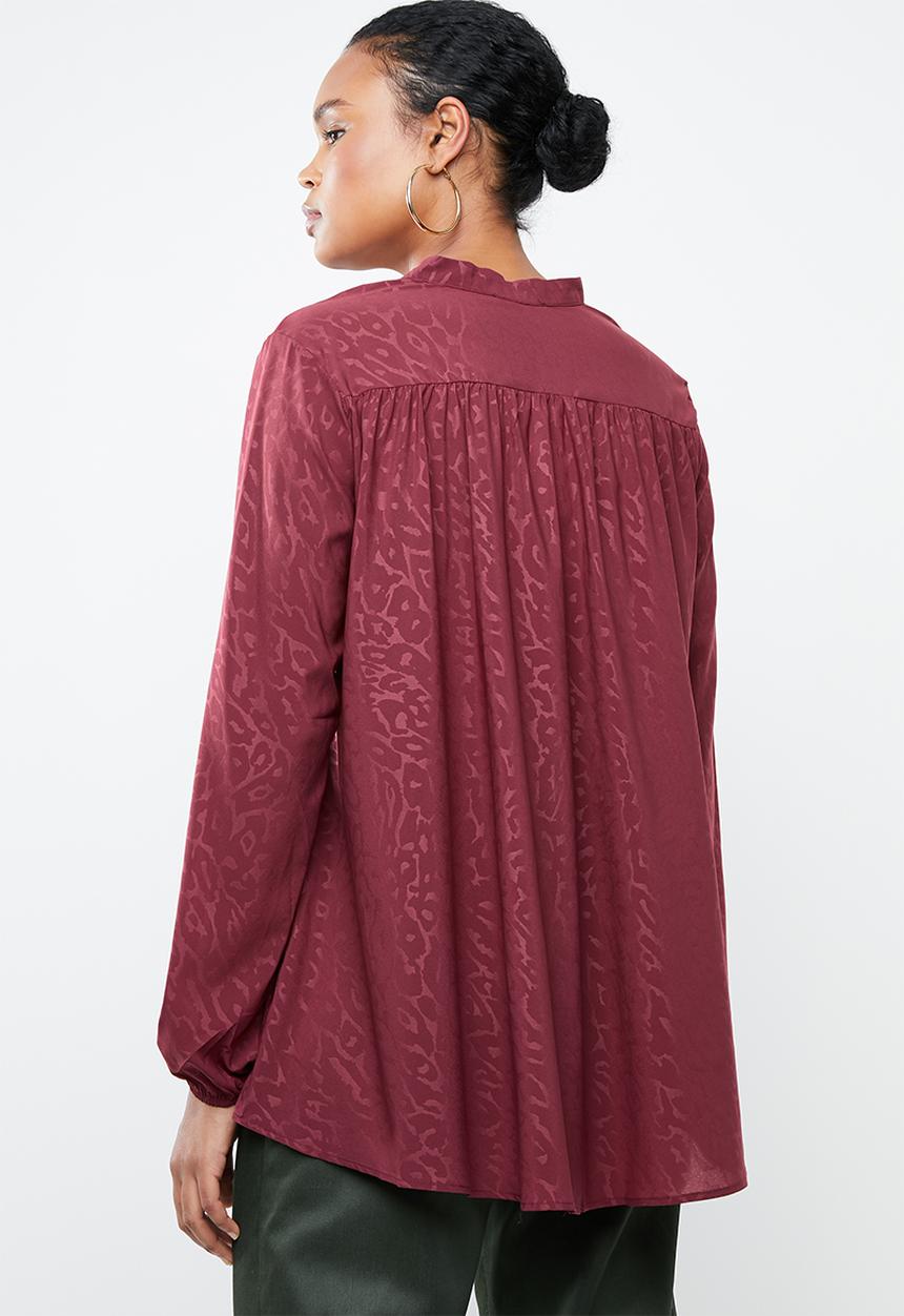 MANGO - Jacquard deep v blouse - burgundy