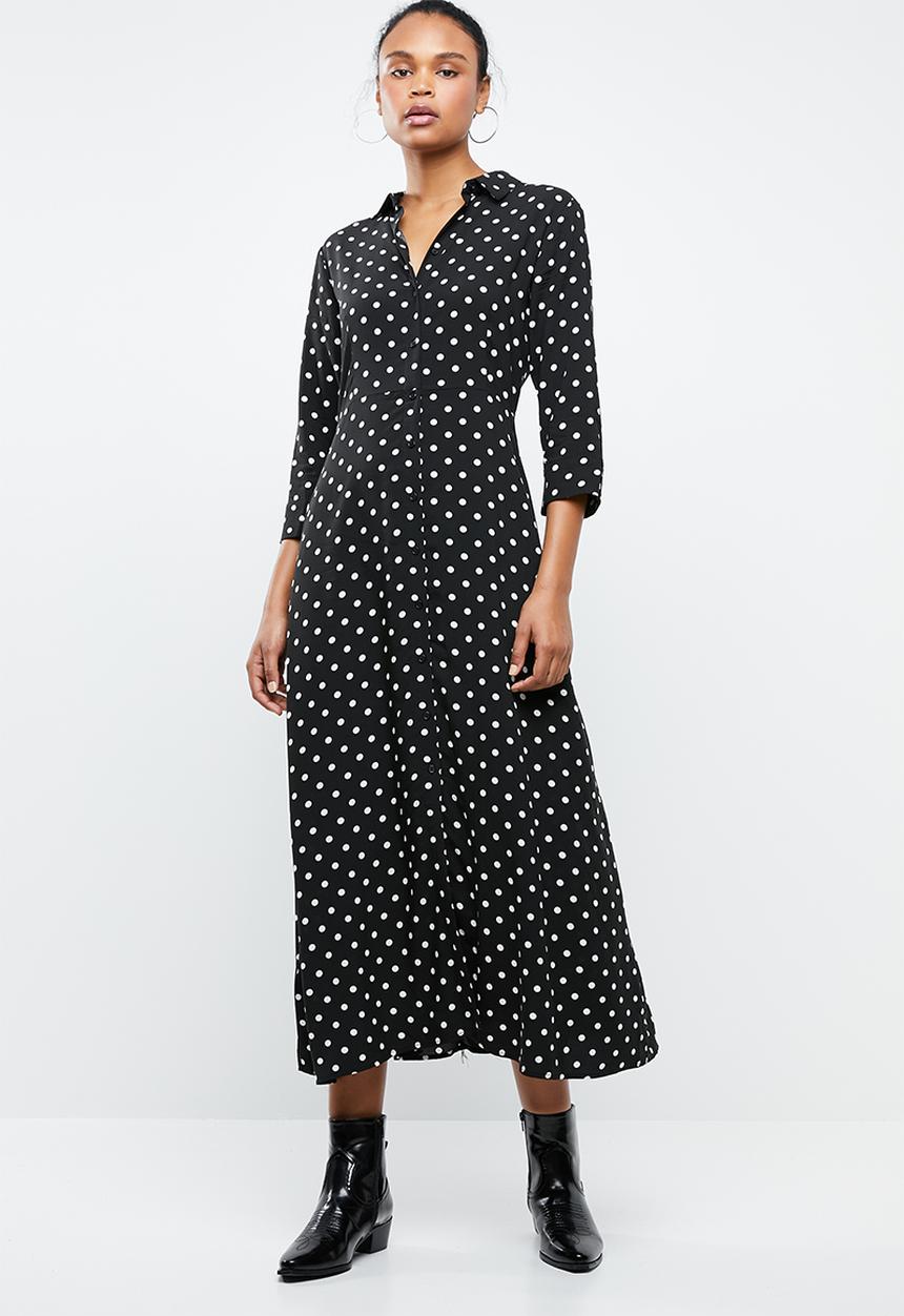 MANGO - Spotted maxi shirt dress - black
