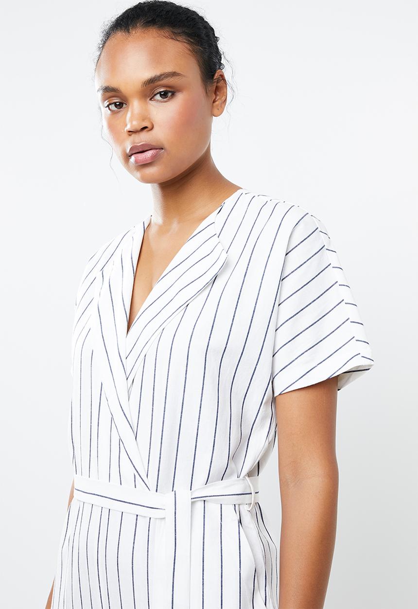 MANGO - Striped cotton jumpsuit - white & blue 