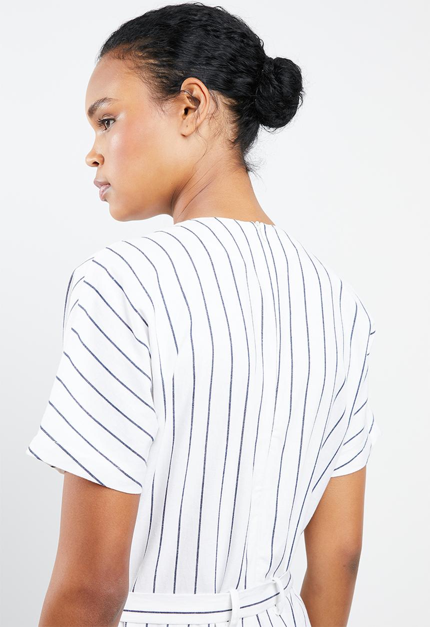 MANGO - Striped cotton jumpsuit - white & blue 