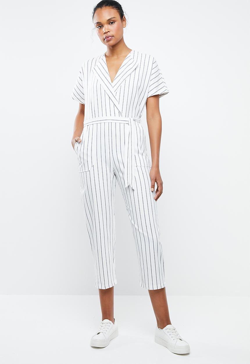 MANGO - Striped cotton jumpsuit - white & blue 