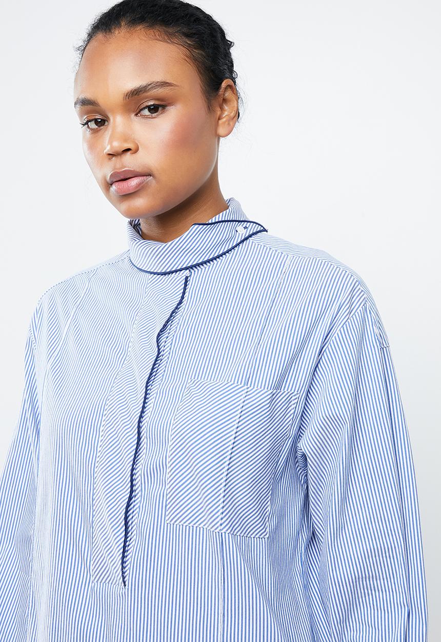 MANGO - Stripe bow collar shirt - blue & white 