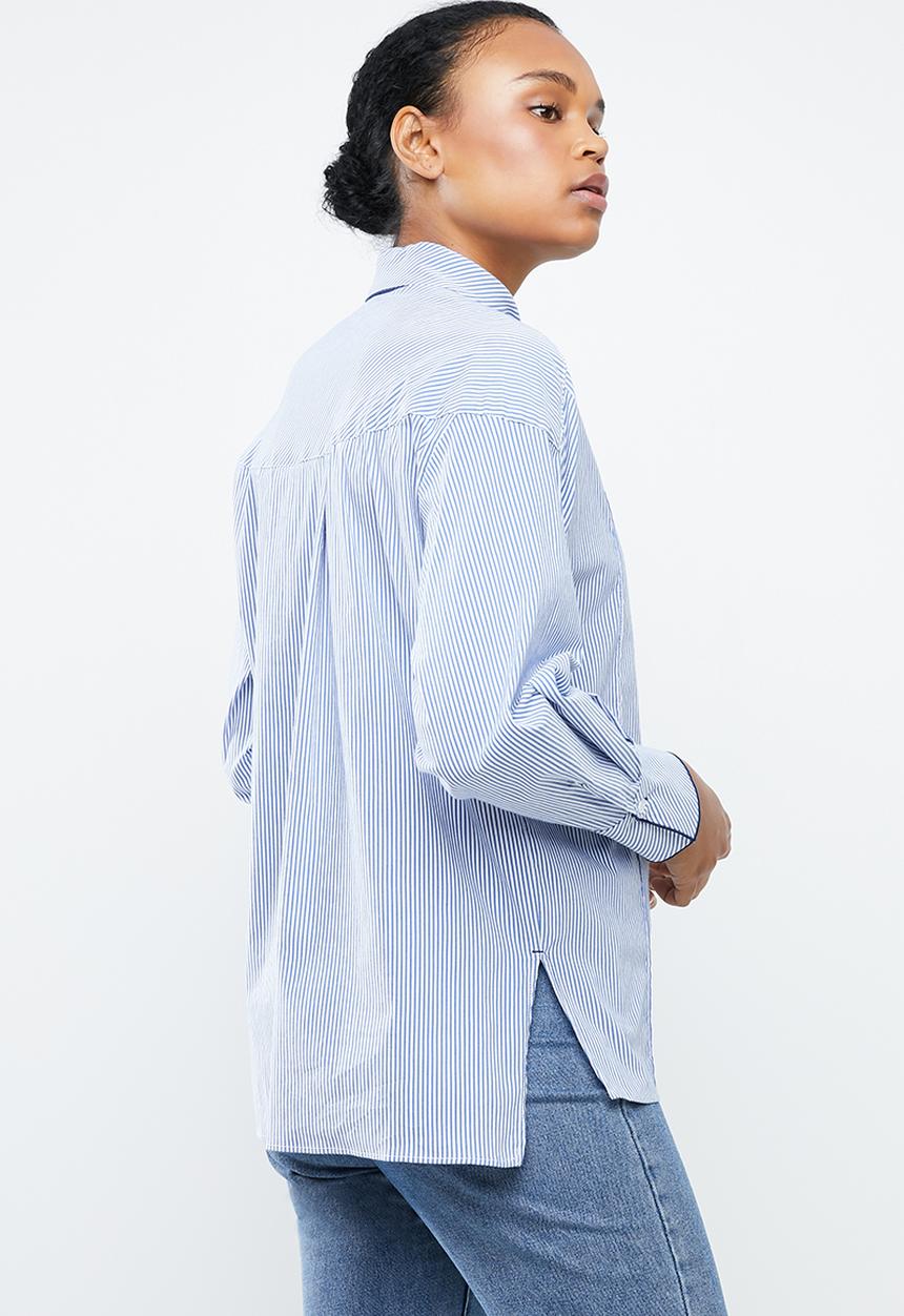 MANGO - Stripe bow collar shirt - blue & white 